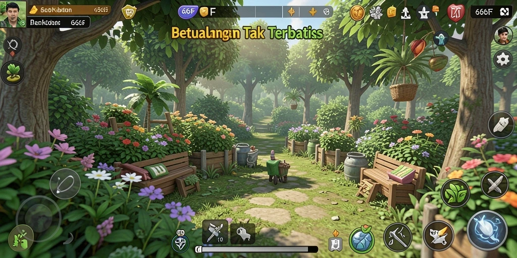 Screenshot 666F menampilkan gameplay seru berkebun.