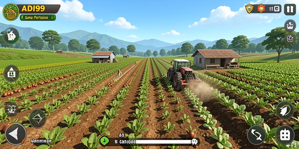 Tangkapan layar utama gameplay ADI99 menampilkan aktivitas bertani yang penuh warna.