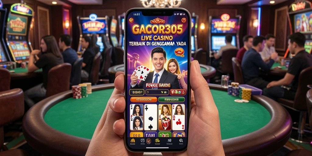 Screenshot utama GACOR305 menampilkan dealer langsung yang berinteraksi dengan pemain dalam suasana kasino.